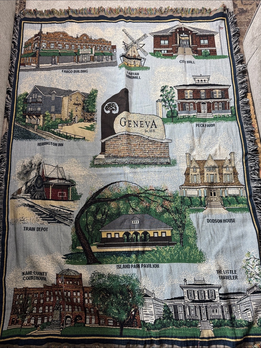 Geneva Illinois Landmark Woven Throw Tapestry Blanket Fringe Edge Vintage